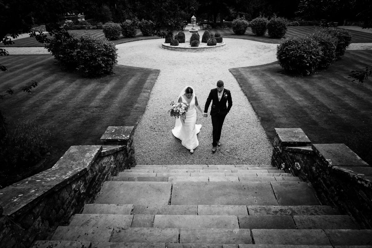 Eaves Hall Wedding Grunds Walking Black and White 